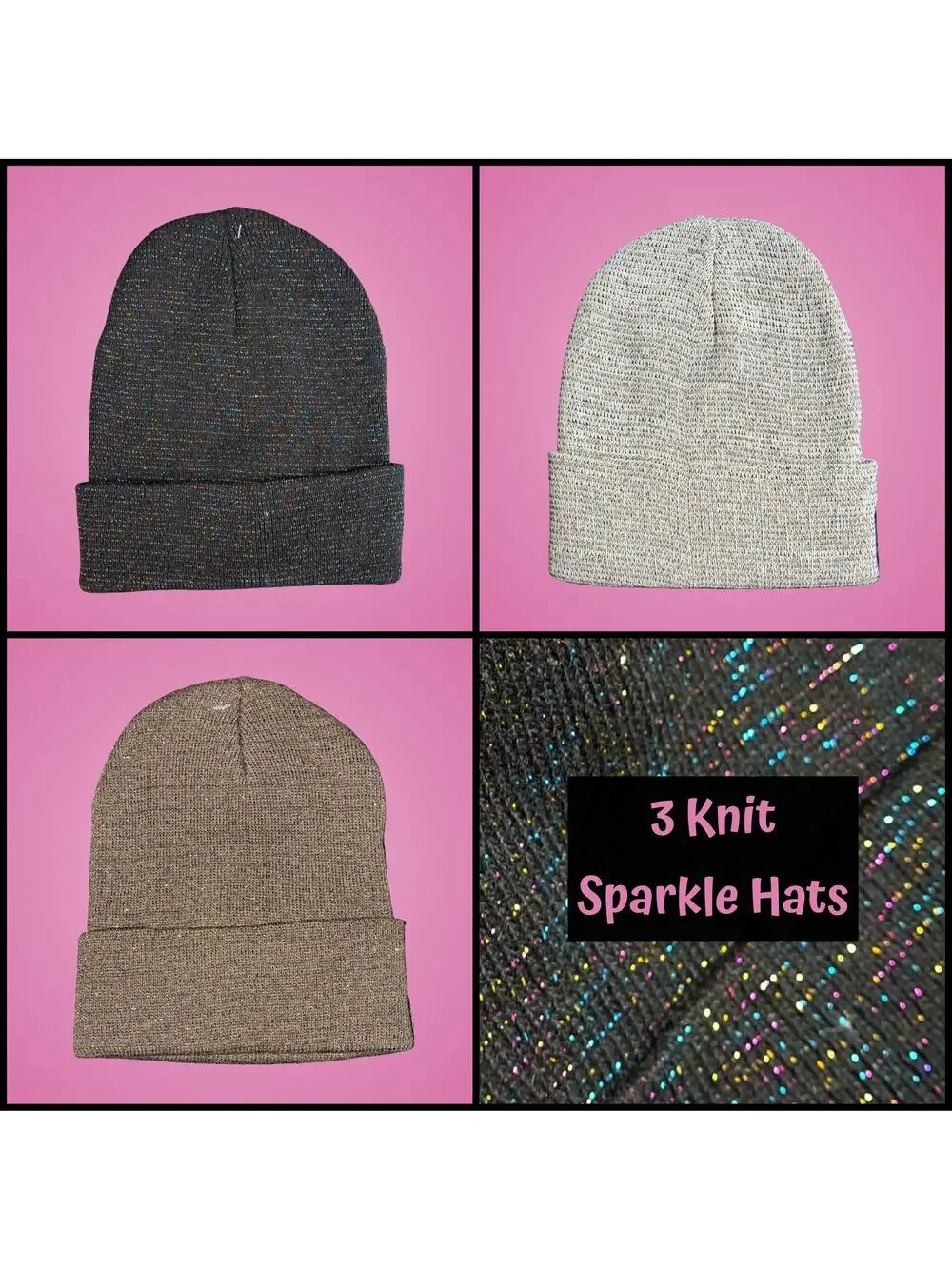 3 Winter Knit Toboggan Beanie Hats Solid Color With Rainbow Sparkle Threads OSFM
